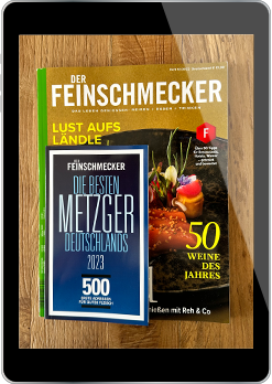 iPad mit dem Cover des Magazins "Der Feinschmecker", das köstliche Speisen und Rezepte präsentiert.