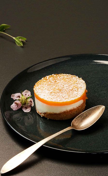 Sable-Mango-Kokos auf einem Teller, geschmückt mit einer Blütespitze.